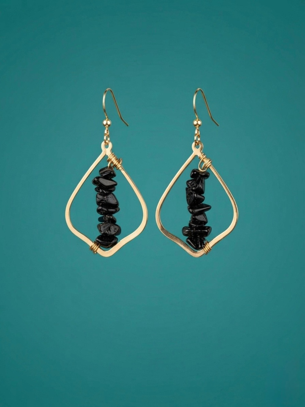Hand sewn Gold Teardrop Earrings with Black Stone Beads